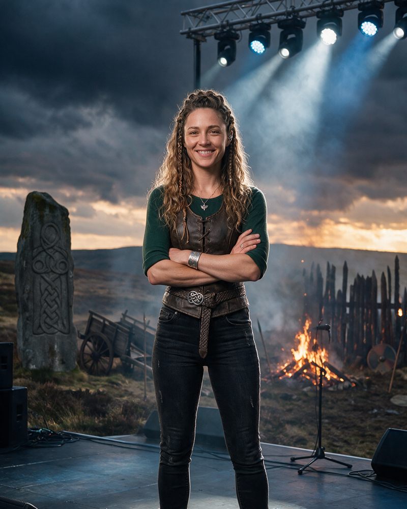 Eldvara standing on an outdoor stage on the moor, arms crossed, with a carved standing stone and a fire behind her