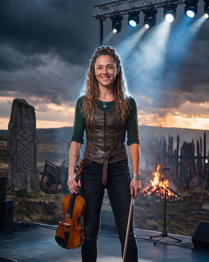 Eldvara standing on an outdoor stage on the moor, holding a violin and bow at her sides, with a carved standing stone and a fire behind her